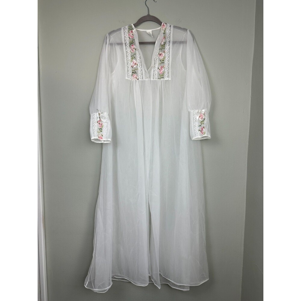 Vtg 60s Dressing Gown M/L Sheer White Floral Long Peignoir Robe Retro Union USA